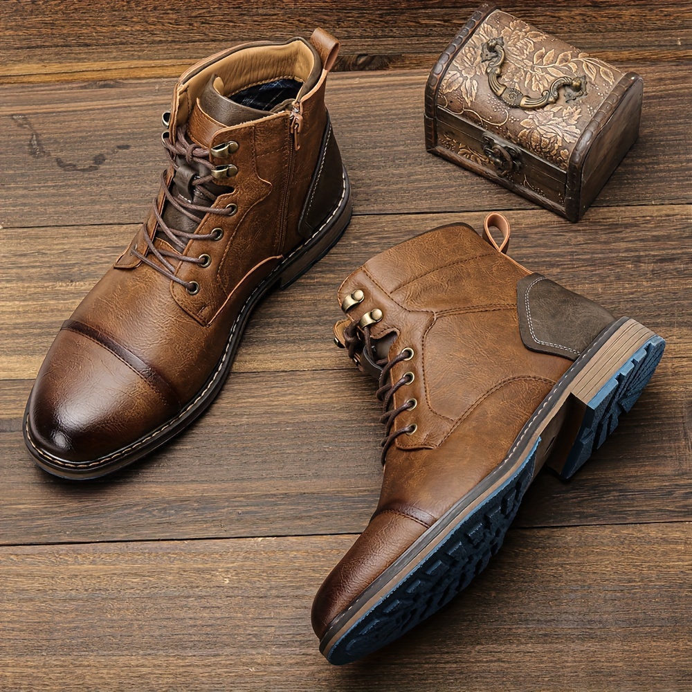 Mens Vintage Cap Toe Lace Up Boots With Side Zipper Casual Pu Leather Walking Shoes Temu Temu