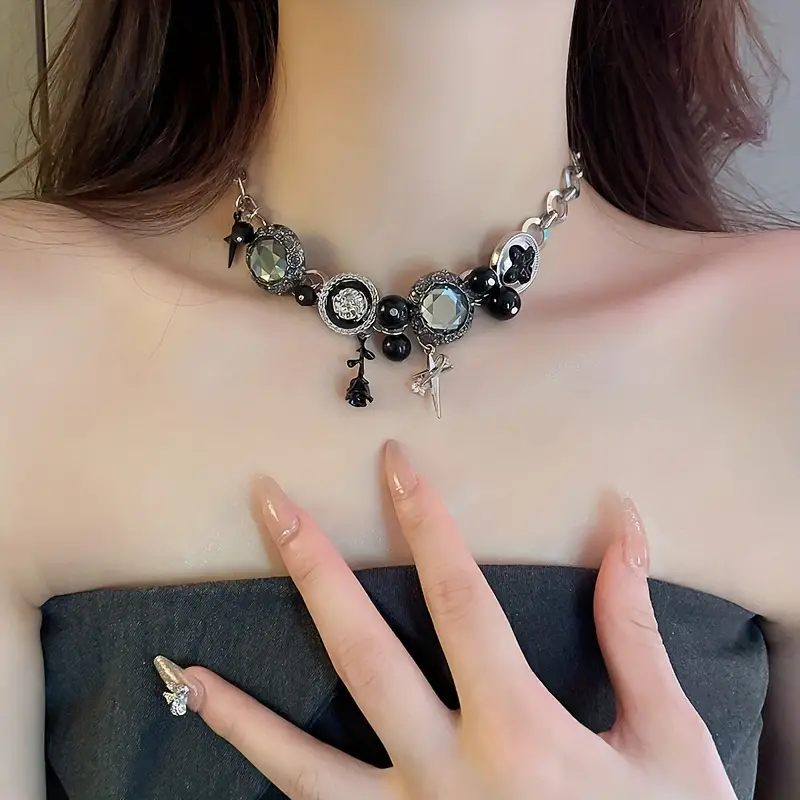 gothic style black rhinestones flower argyle round tag flower drip oil acrylic round beads necklace details 2