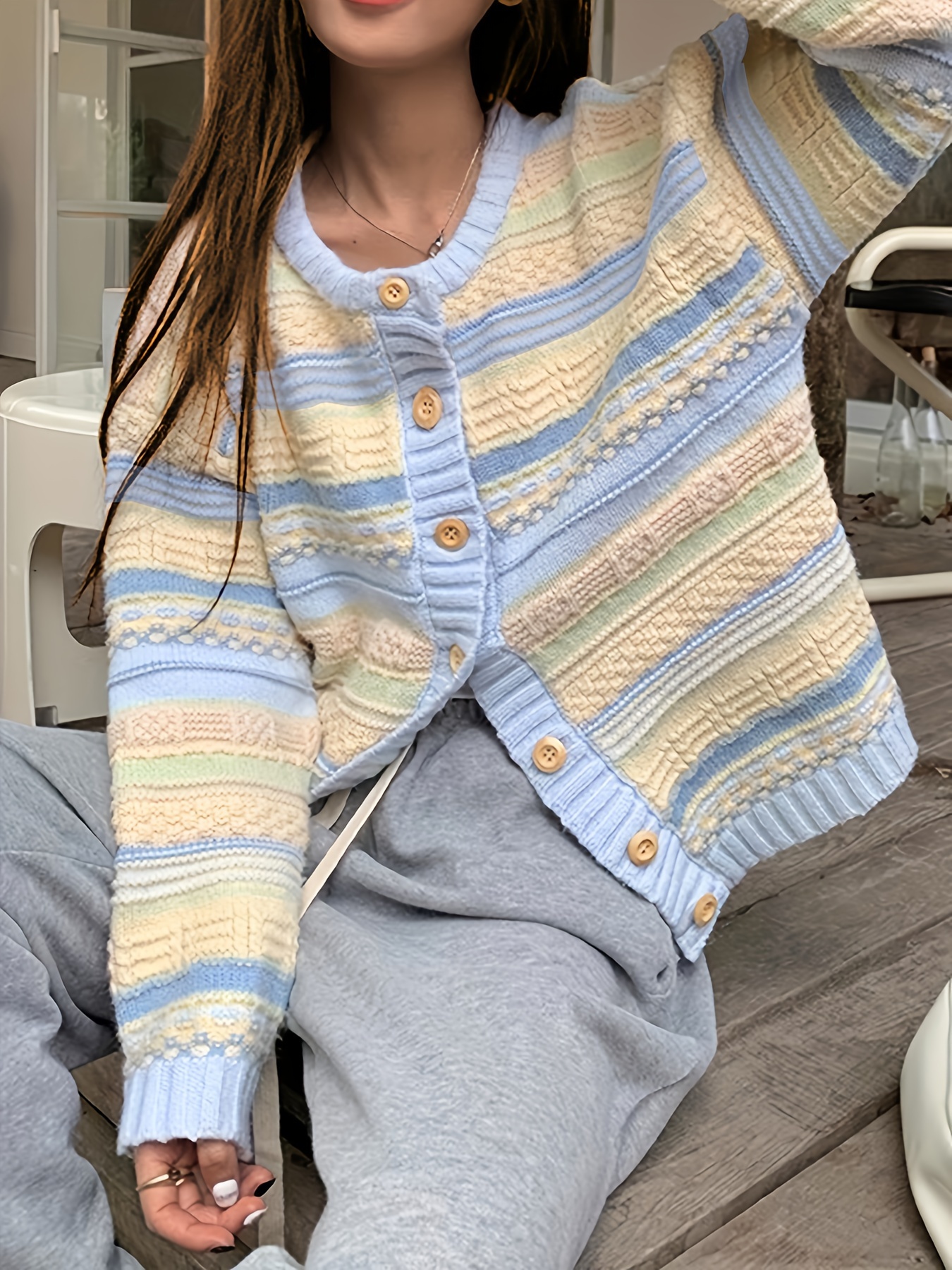 striped button up knit cardigan casual long sleeve loose sweater womens clothing blue 1