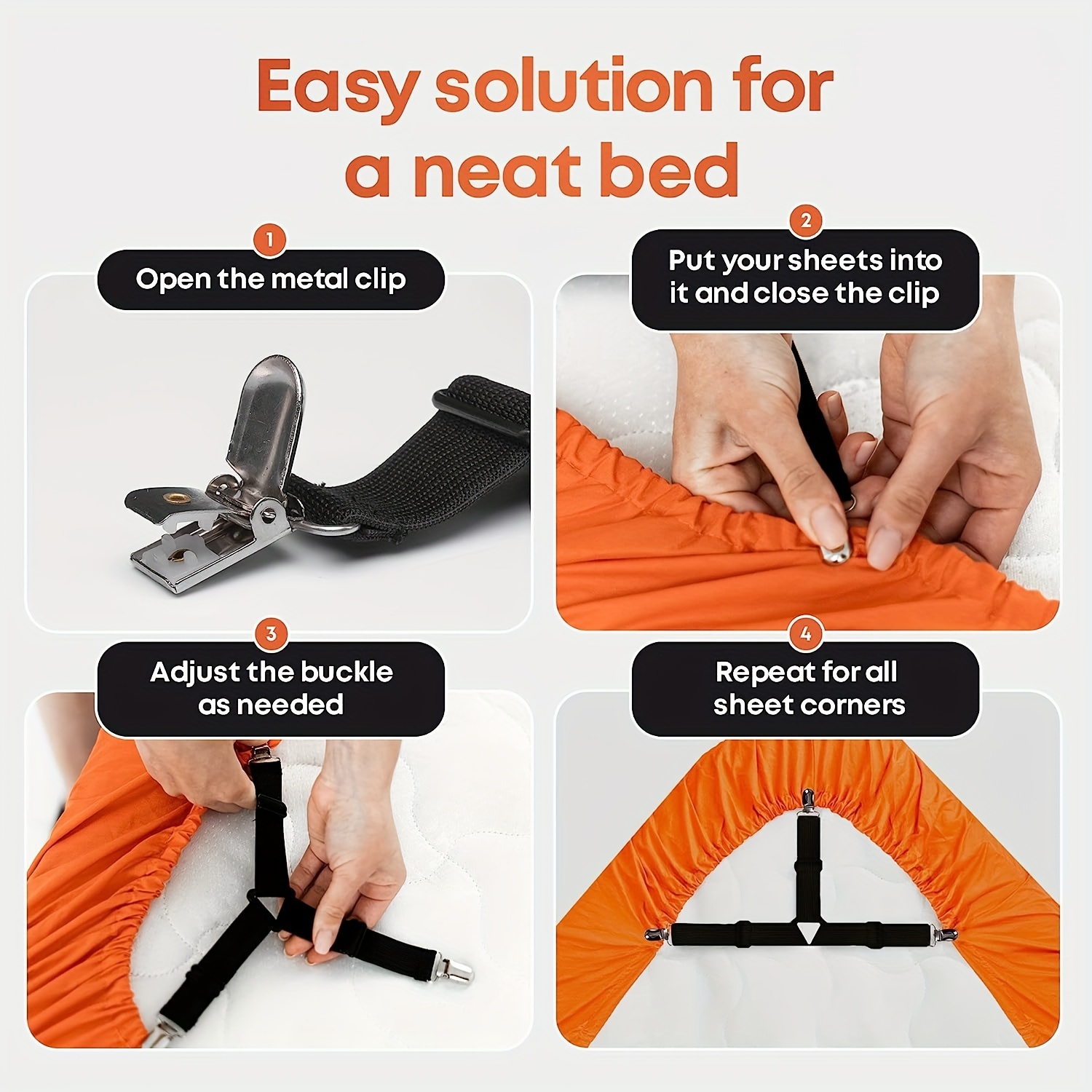 4pcs Easy To Install Bed Sheet Clips, Adjustable Elastic Fasteners For Sheet,  Keep Sheets Tidy And In Place