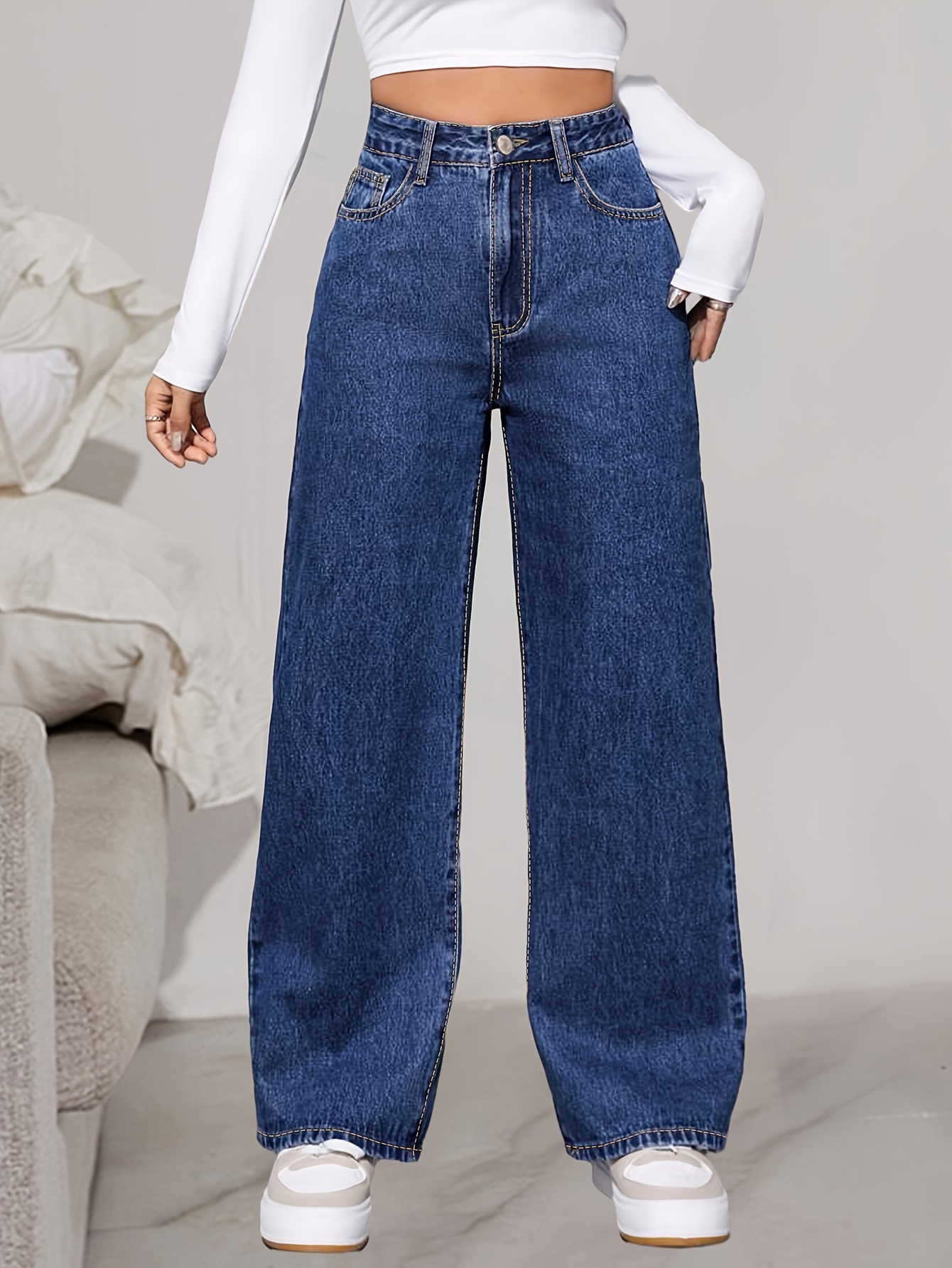 Plus Size Casual Jeans, Women's Plus Washed Button Fly Medium Stretch Wide  Leg Jeans