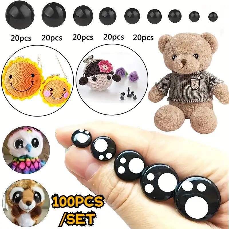 100pcs Safety Eyes,6-12mm Black Plastic Safety Eyes with Washers for Doll, Puppet, Teddy Bear, Plush Animal Toy