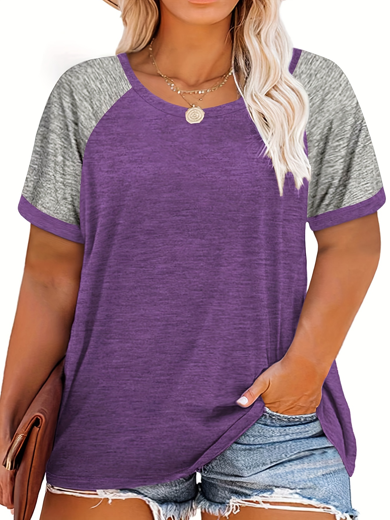 Plus Size Women's Summer Casual Raglan Color Block T-Shirt - Teal & Heather Grey Short Sleeve Loose Fit Tee, Breathable Round Neck Top for Casual Attire, Ladies T Shirts, Smooth Texture Shirt, Soft Fabric Tee