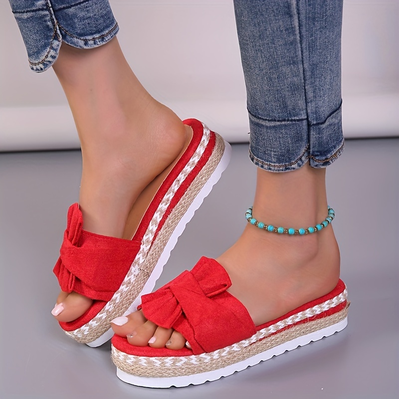 womens platform espadrilles slippers bow open toe solid color anti skid slippers casual beach slides details 7