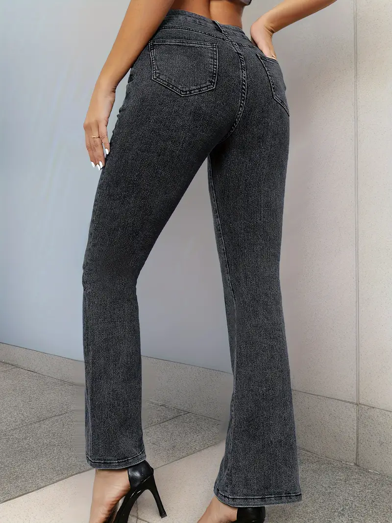 Dark Grey Casual Flare Jeans Bell Bottom Slash Pockets Wide - Temu Canada