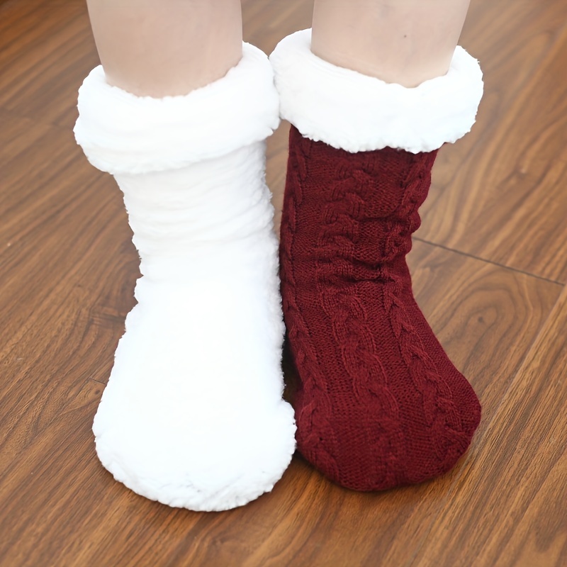 Women's Sherpa Lined Non-Slip Fuzzy Slipper Socks With Pom Poms Winter Snow  Warm