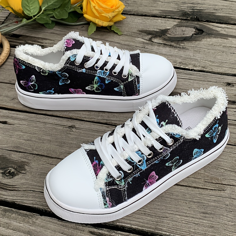 womens butterfly print canvas sneakers raw trim lace up flat skate shoes all match low top trainers 4