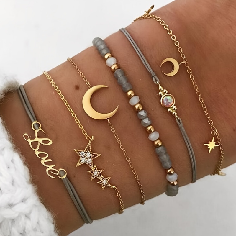 

6pcs/set Boho Rope Bracelet For Women Golden Moon Hand Star Charm Hand Chain Bracelet Jewelry For Eid, Ramadan