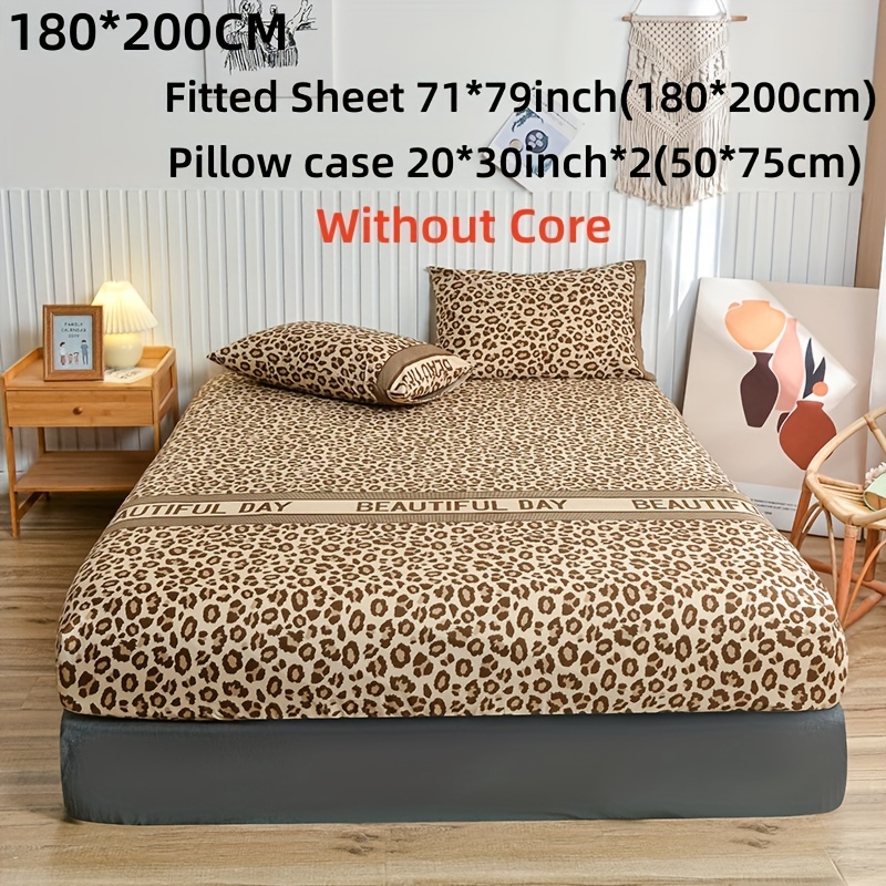 Polyester Leopard Print Fitted Sheet Pillowcase 3pcs Set Bedroom Hotel Mattress Cover