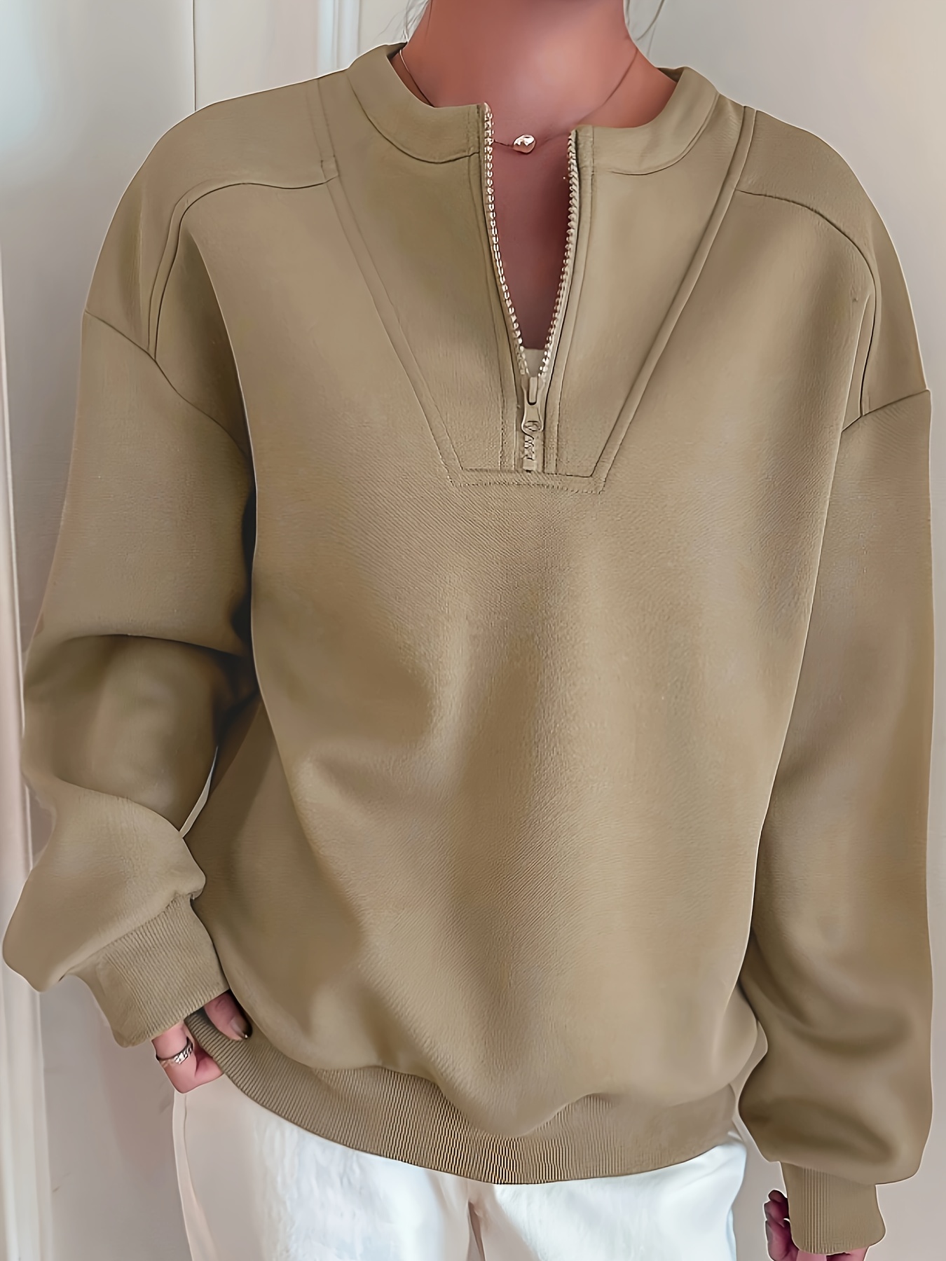 Dyegold Quarter Zip Pullover Women Casual Long Sleeve V Neck Lapel