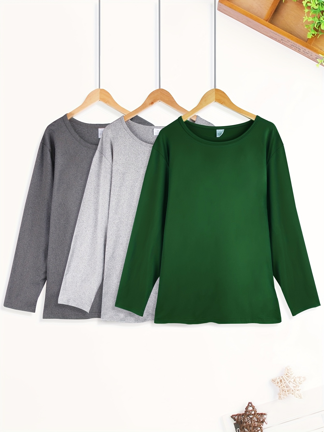 Plus Size Solid Basic Long Sleeve Medium Stretch Round Neck - Temu