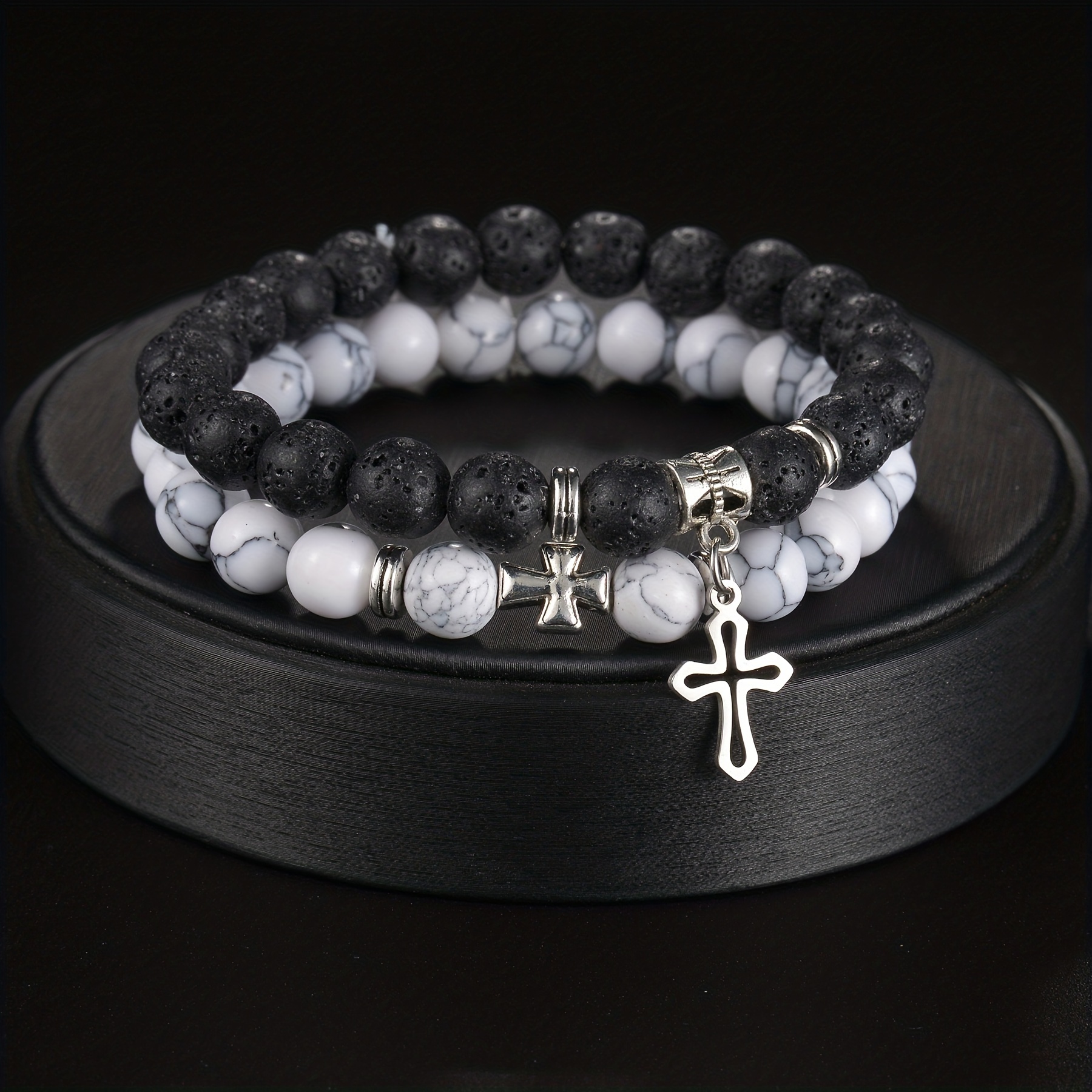 Anvazise Men Bracelet Unique Surface Volcanic Stone Fashion Jewelry Elastic  Rope Beads Bracelet for Daily Life style 1 