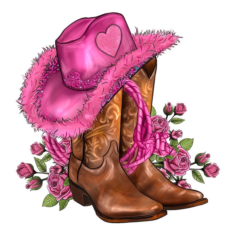 Cowboy Hat Boots Pink Patch Western Girly Rodeo Embroidered Iron