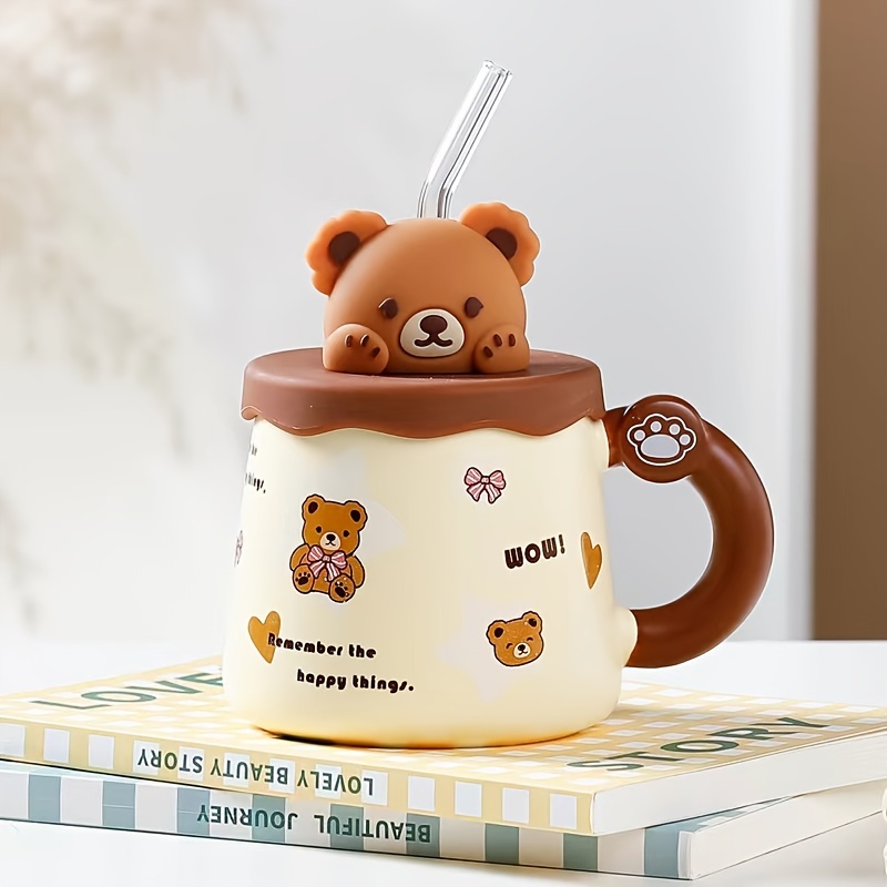 1pc Bear Coffee Mug With Lid And Straw Ceramic Coffee Cups Cute