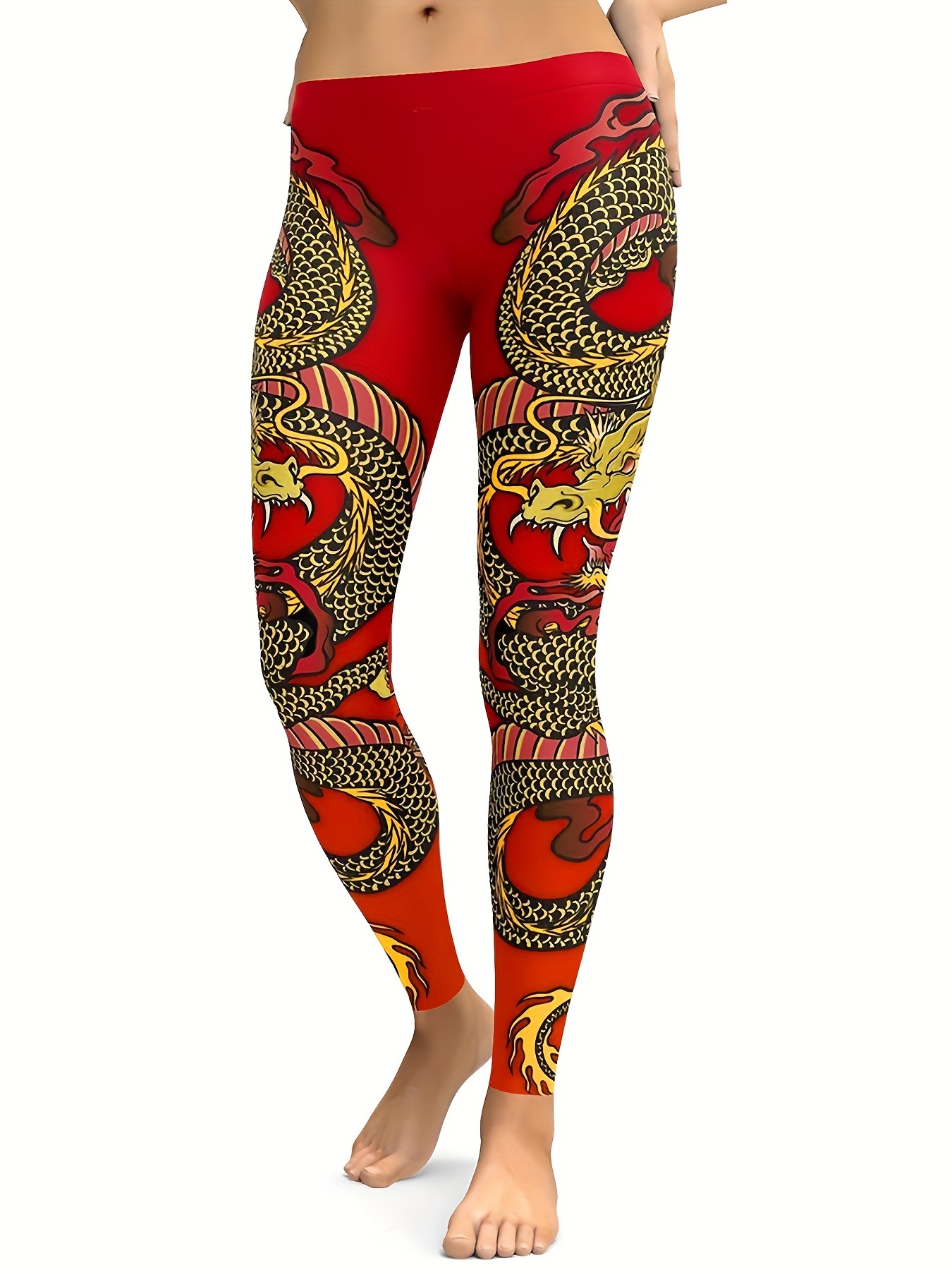 Women's Retro Dragon Print Yoga Leggings High Waist Slimming