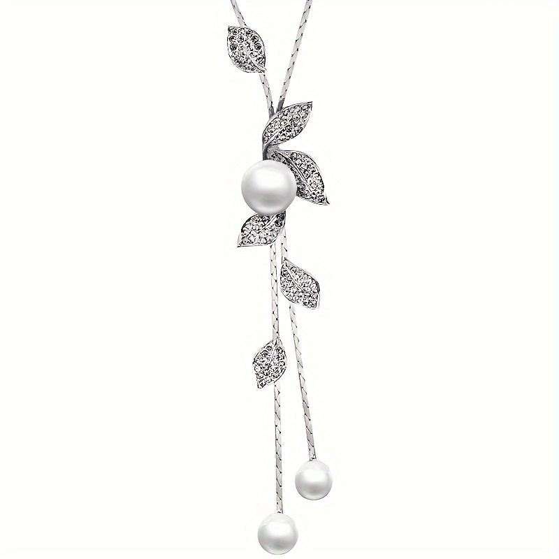 Leaf Shape Imitation Pearl Leaf Tassel Long Sweater Chain Female Clothing Pendant Necklace details 10