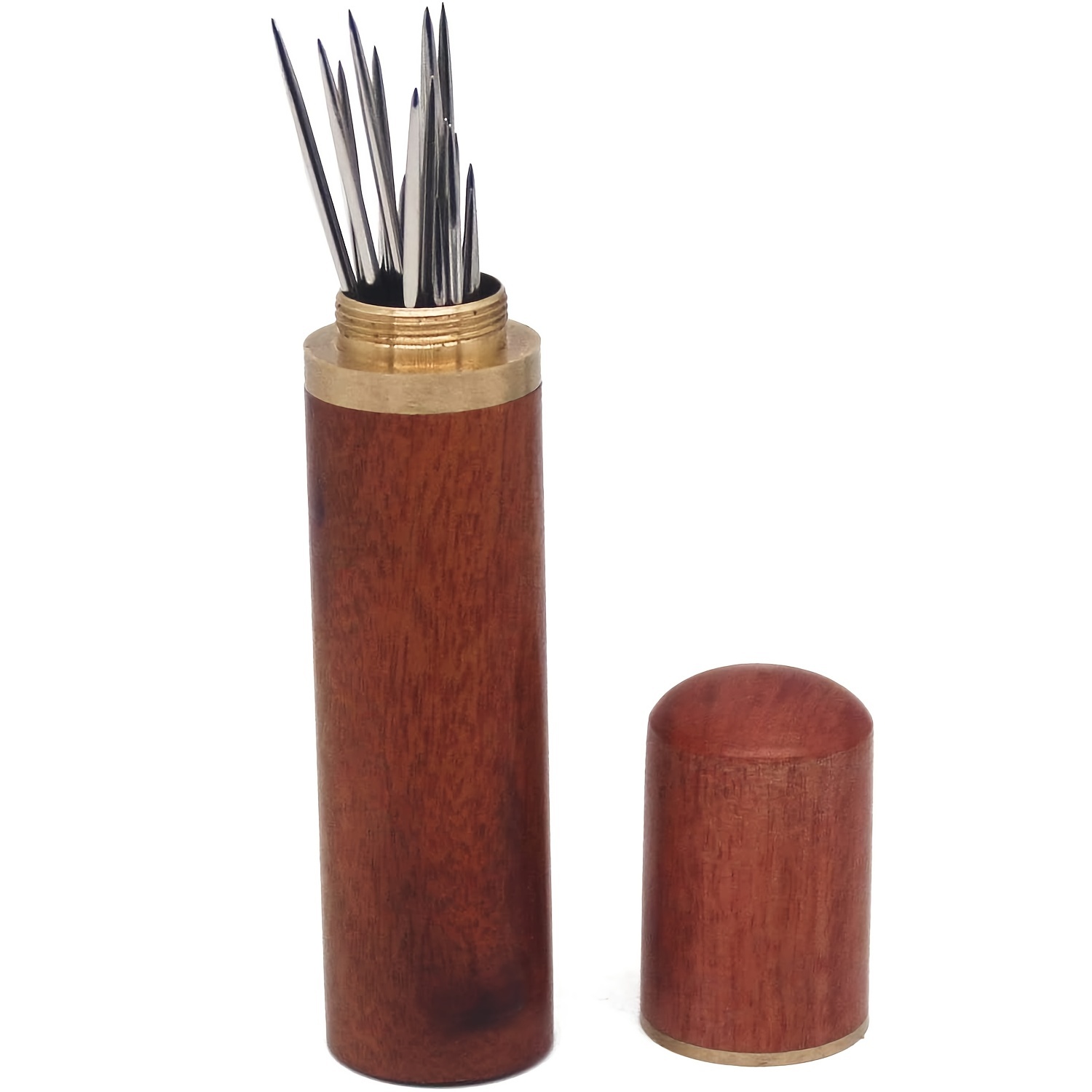 1pc Sandalwood Sewing Needle Holder With Thread Storage And Toothpick  Compartment, Portable And Multifunctional