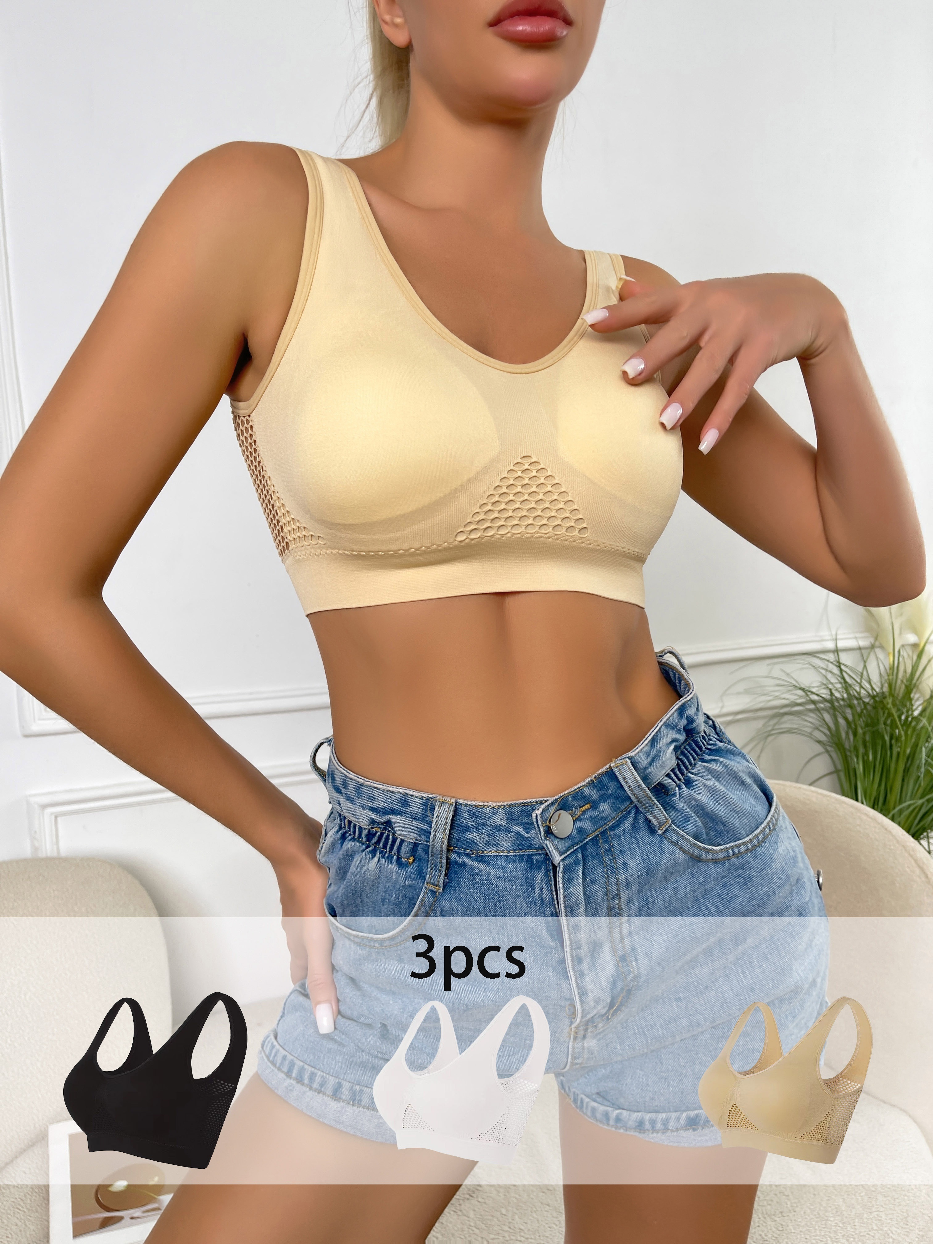 Solid Ribbed Wireless Bras Comfy Breathable Yoga Sports Bra - Temu