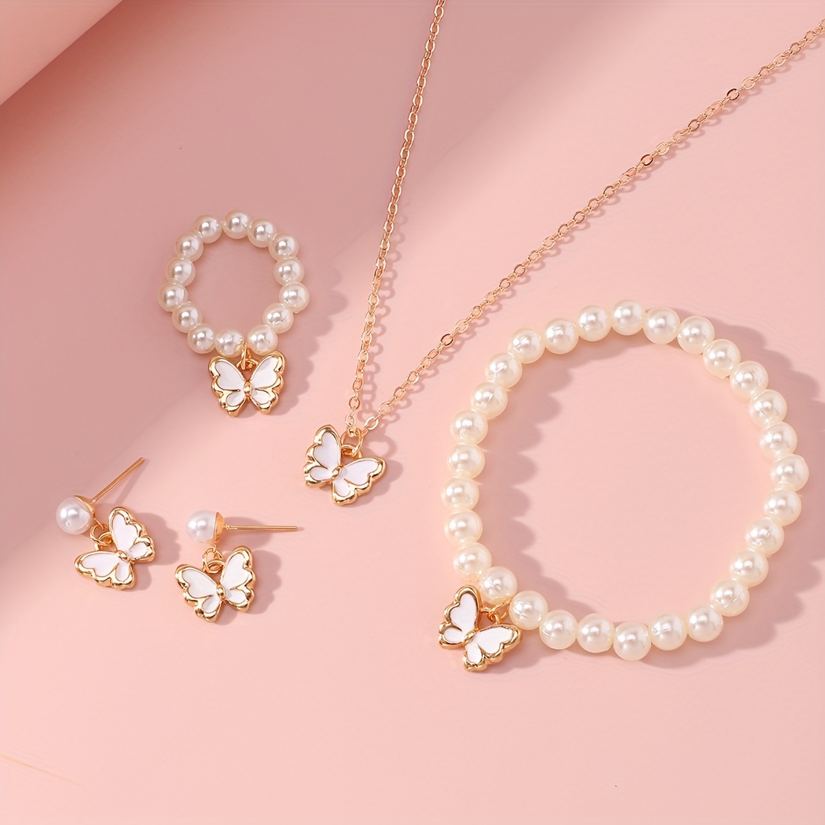 4pcs White Butterfly Series Pearl Jewelry Set, Includes Necklace, Bracelet,  Ring And Earrings, Birthday/Back-To-School Gift For Teen Girls