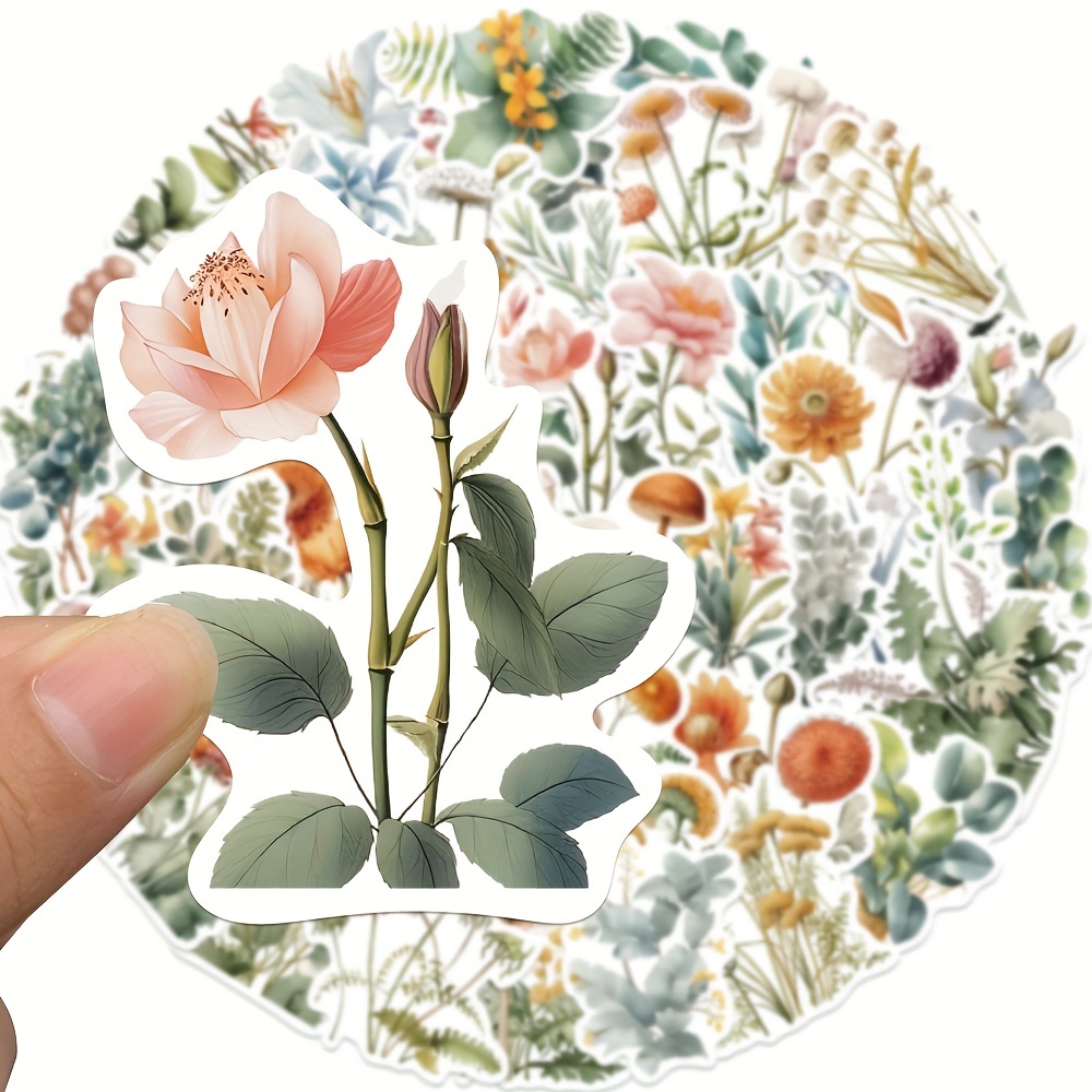 100 Pcs Natural Flower Stickers for Scrapbooking Retro Art Plant Flowers  Automatic Paste Stickers Decorative Stickers for Scrapbook Laptop Skins DIY  - style:style 3 