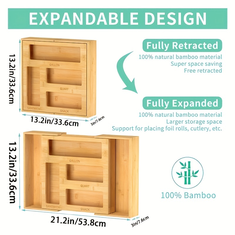 Natural Bamboo Plastic Bag Organizer for Kitchen Drawer