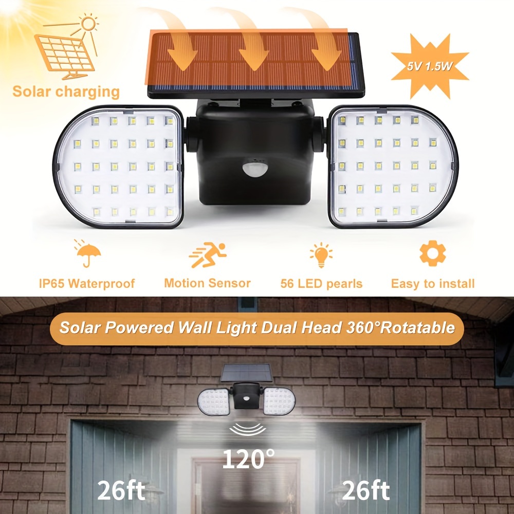 Luces solares para exteriores, con sensor de movimiento, luces solares de  pared con focos de doble cabeza, 30 LED, impermeables, 360°, luces de