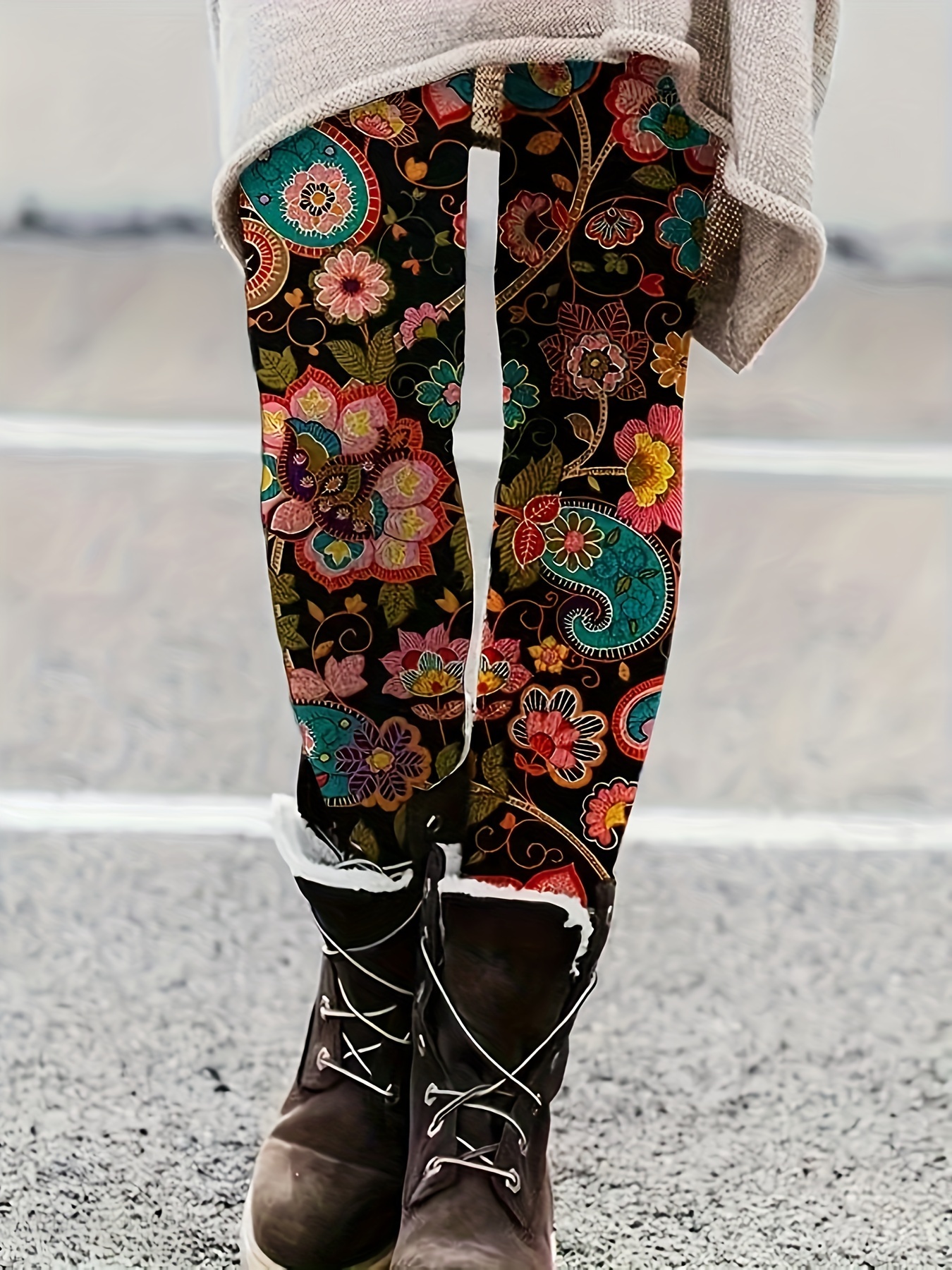 Floral Print Skinny Leggings Casual Elastic Waist Stretchy - Temu