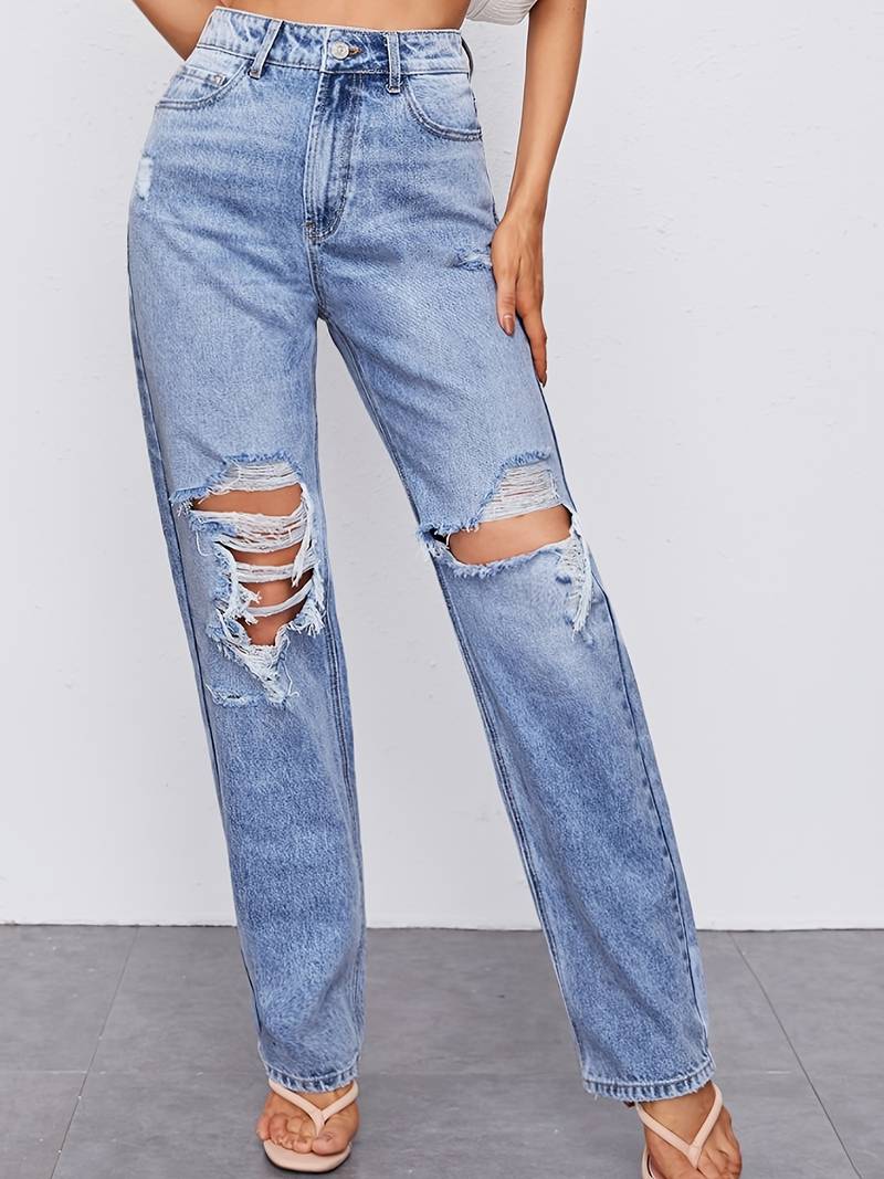 Blue High Waist Straight Jeans Ripped Holes Distressed High Rise Slash ...