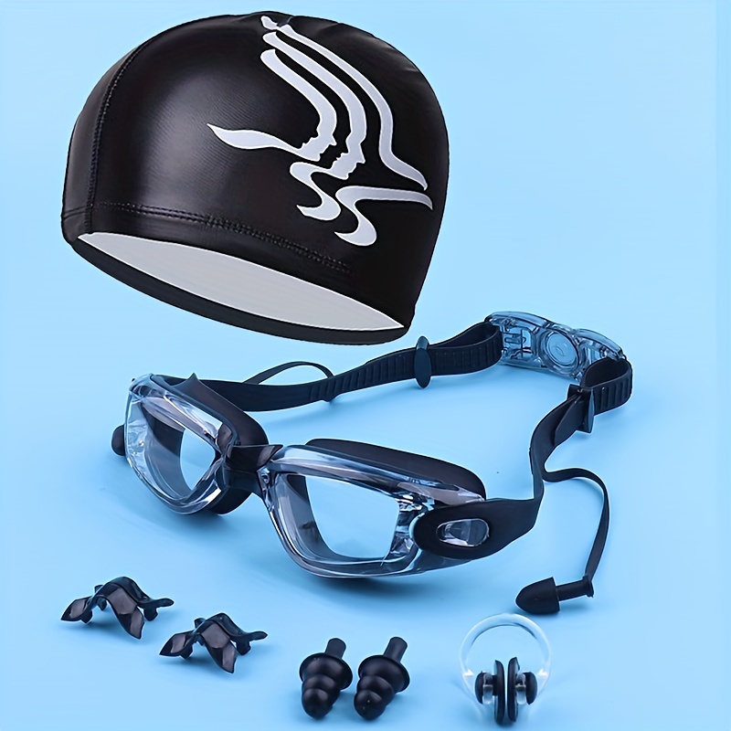 

1set Swimming Accessories, Professional Swim Goggles Anti-fog Uv Swim Caps Hat Silicone Swimming Glasses Case Nose Earplug