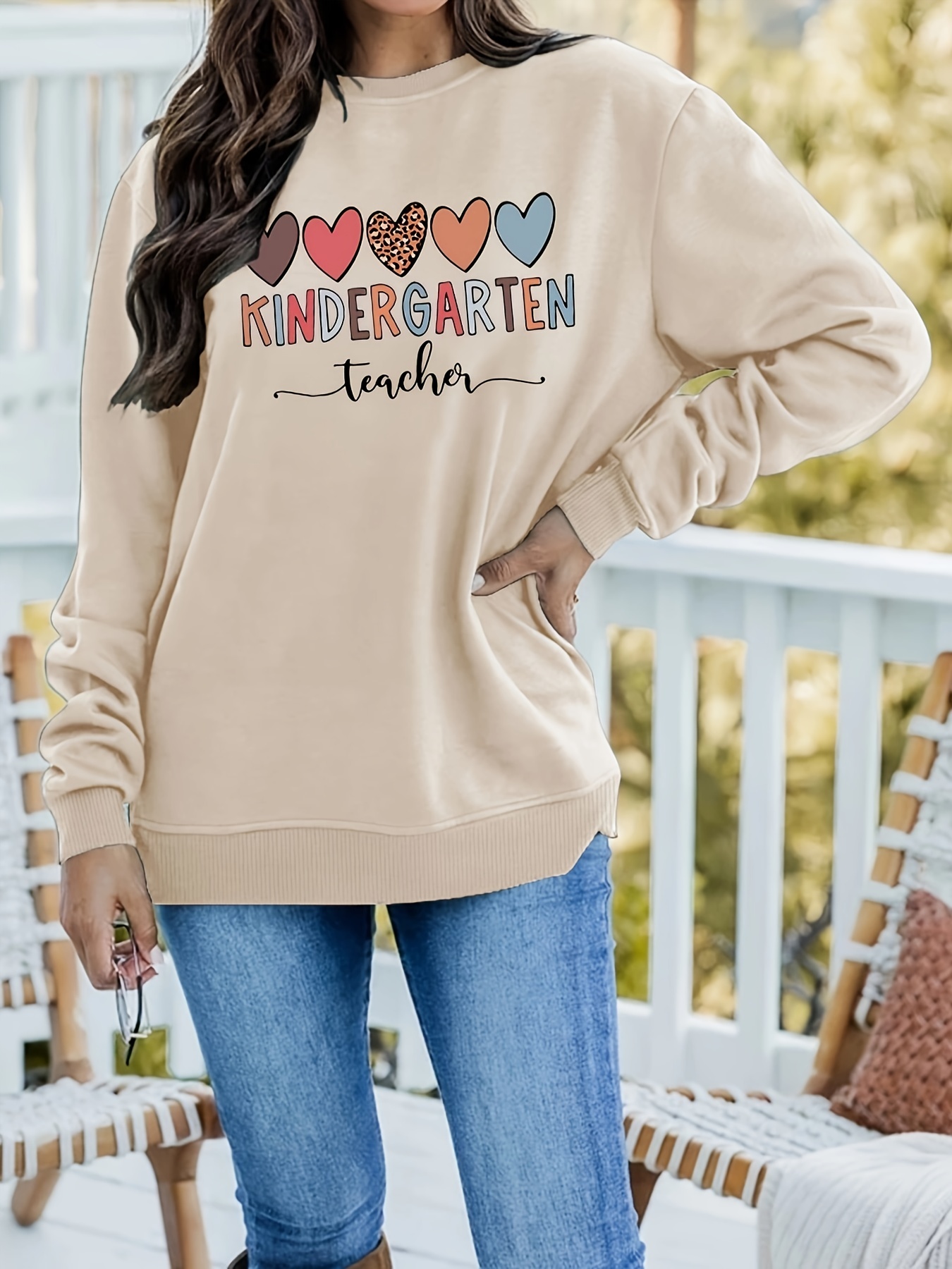 Heart Print Drop Shoulder Sweatshirt for Women