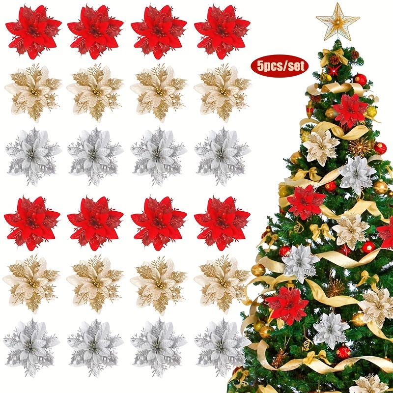 6-Pack Artificial Glitter Poinsettia, Flower Sticks, Christmas Flower  Ornaments, Floral Stems, Picks, Branches, Xmas Tree Decorations for  Holiday, Party, Wedding, 5-inch 