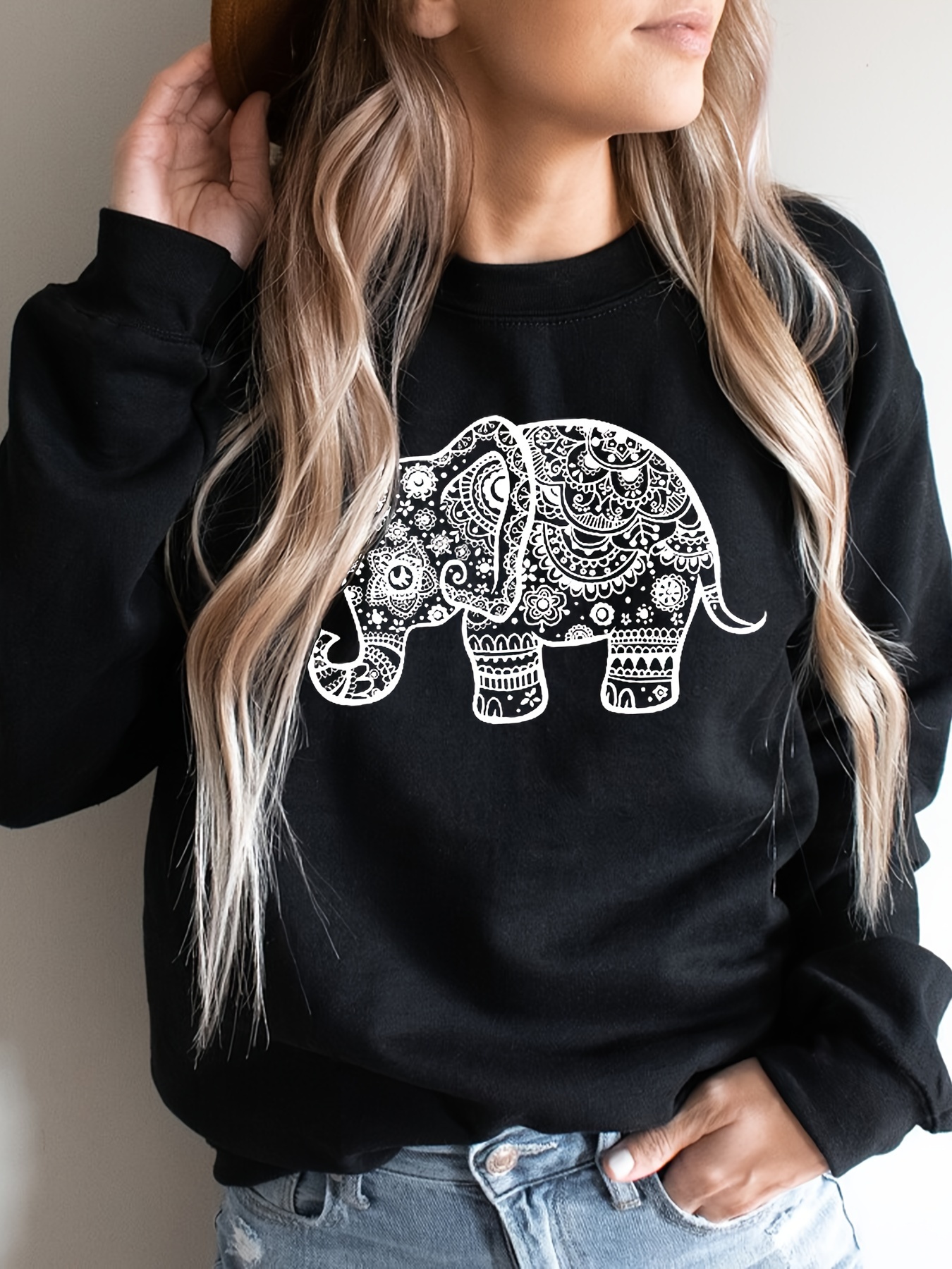 Elephant Print Sweatshirt Long Sleeve Crew Neck Casual - Temu Australia