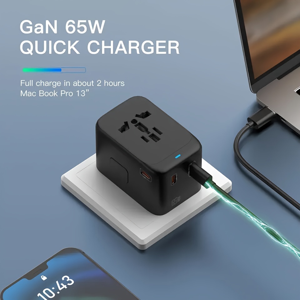 International Travel Adapter, GaN III 65W Universal Travel Charger with 1 USB-A & 3 USB-C PD Fast Charging, All in One Outlet Adapter for iPhone,,Laptops, Type A/C/G/I (USA/UK/EU/AUS)