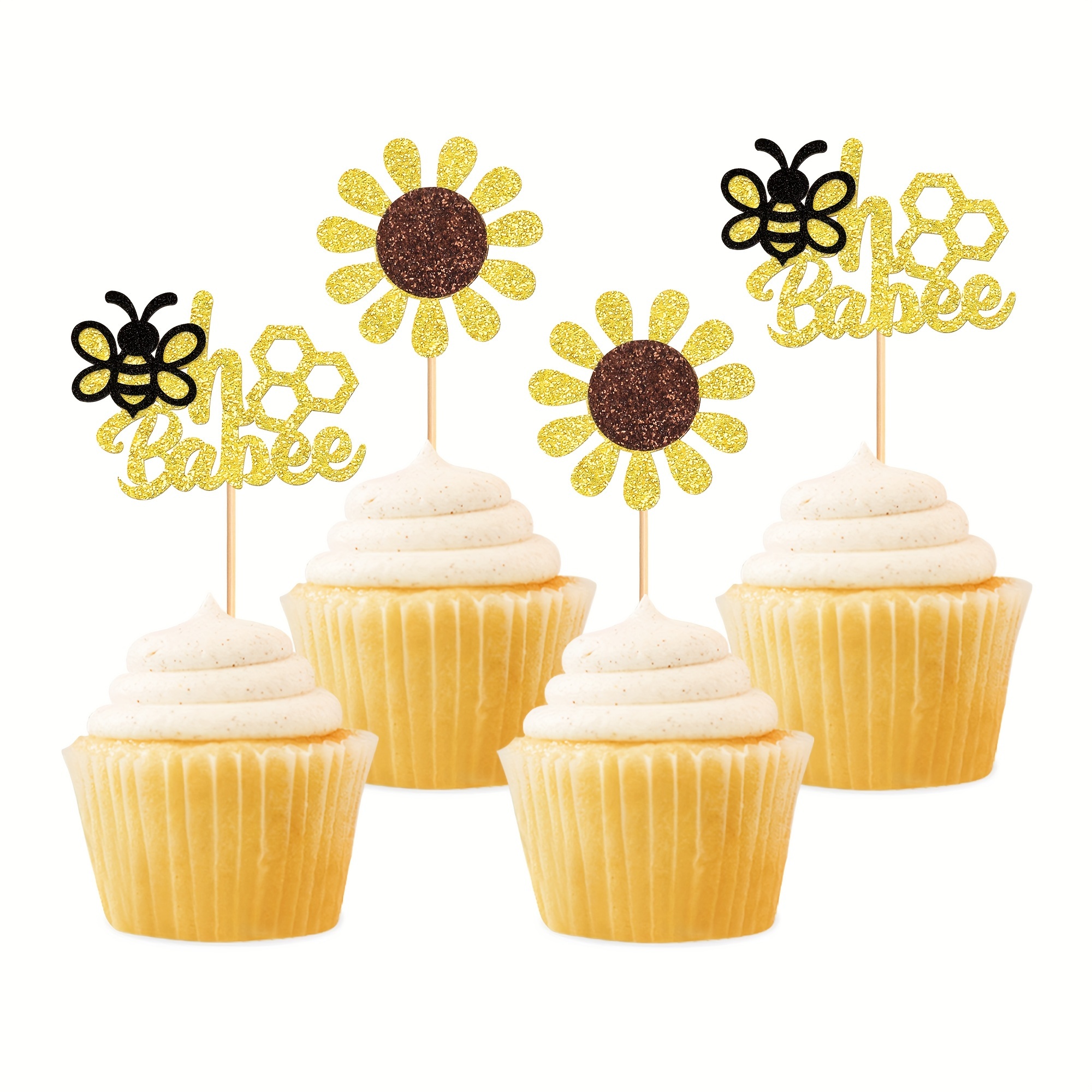50 Pack Bee Cupcake Toppers Glitter Bumble Bee Cupcake Toppers for Bumble Bee Gender Reveal Baby Shower Birthday Party Decor