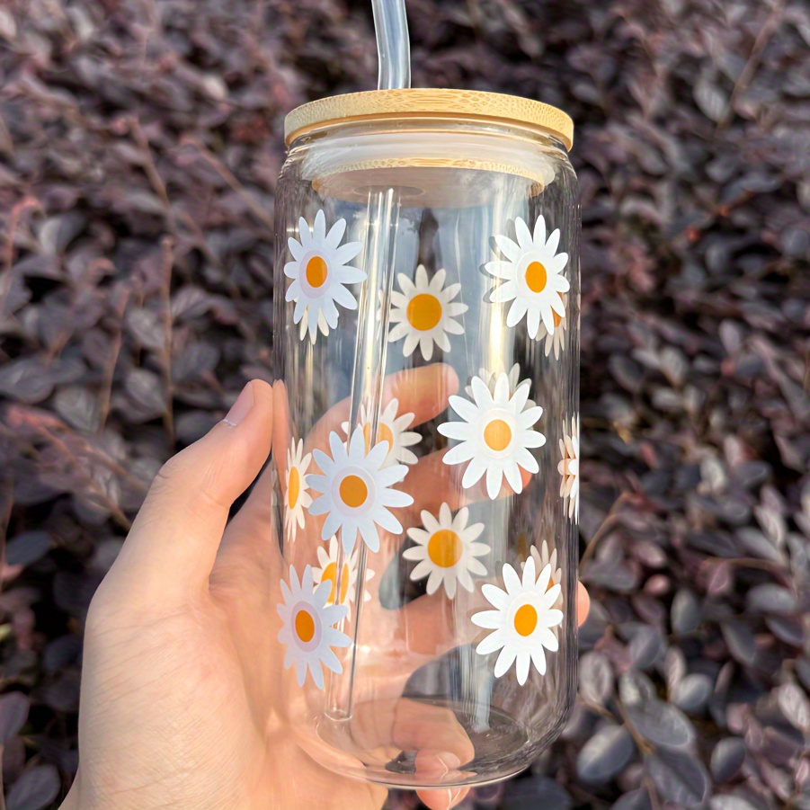 Daisy Cup Iced Coffee Glass Floral Glass Can with Lid Straw