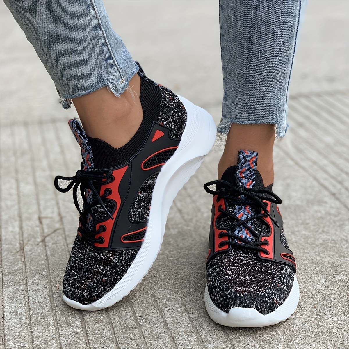Women's Knitted Sports Shoes, Comfort Lace Up Low Top Running & Tennis  Sneakers, Breathable Gym Athletic Shoes