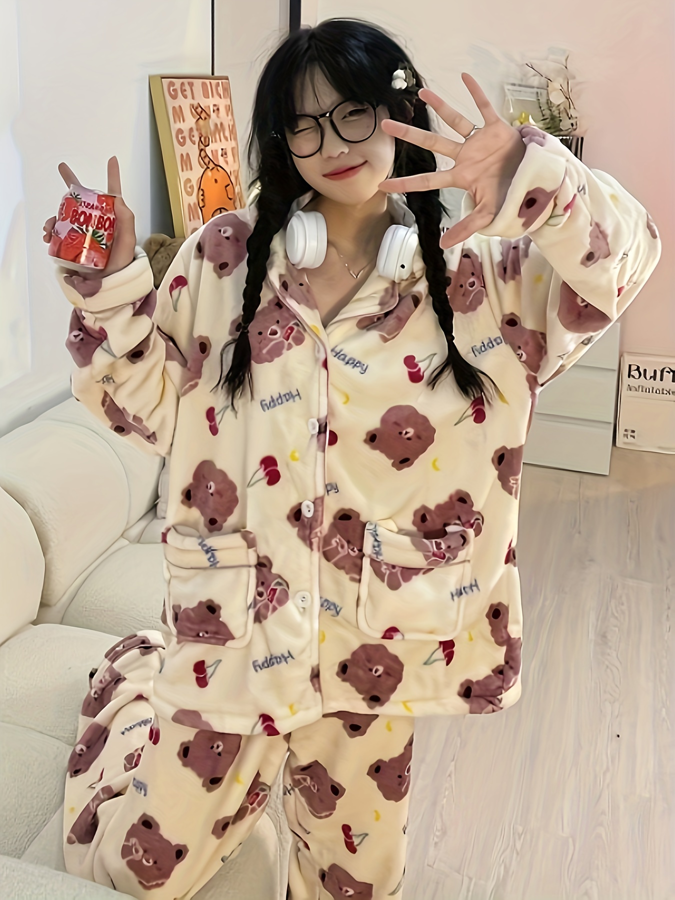 Cartoon Bear Print Pajama Set, Thickened & Warm Long Sleeve Button Up Top &  Pajama Pants, Women's Sleepwear & Loungewear