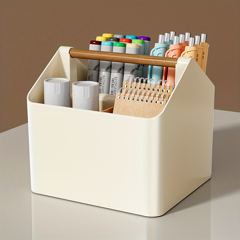 1pc Wooden Multi-compartment Storage Box, Creative And Stylish Pen Holder  For Office Desktop Organization