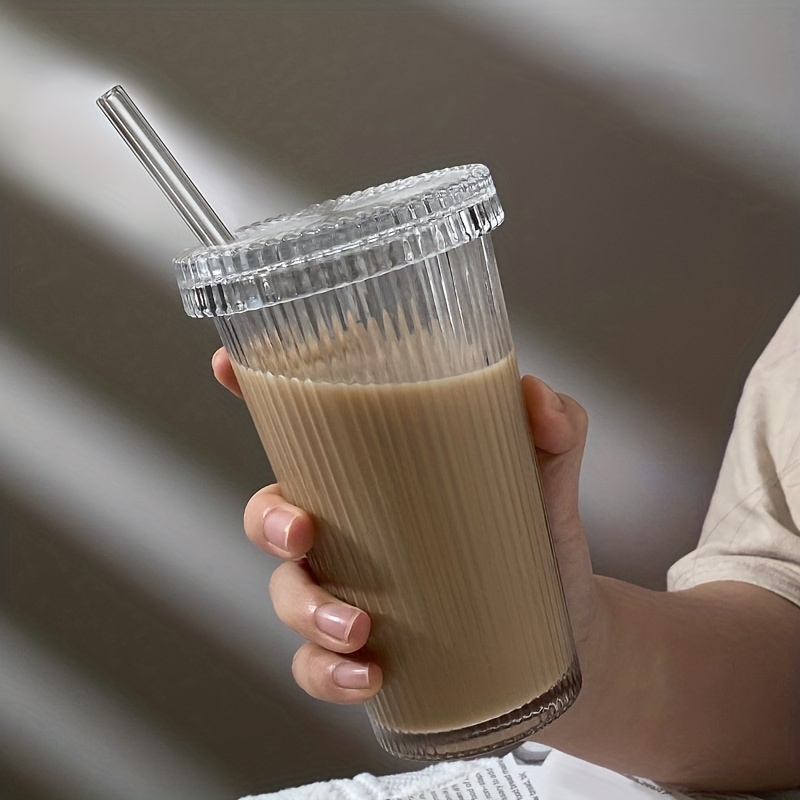 Simple Vertical Striped Glass With Lid Straw Cup Water Cup Milk