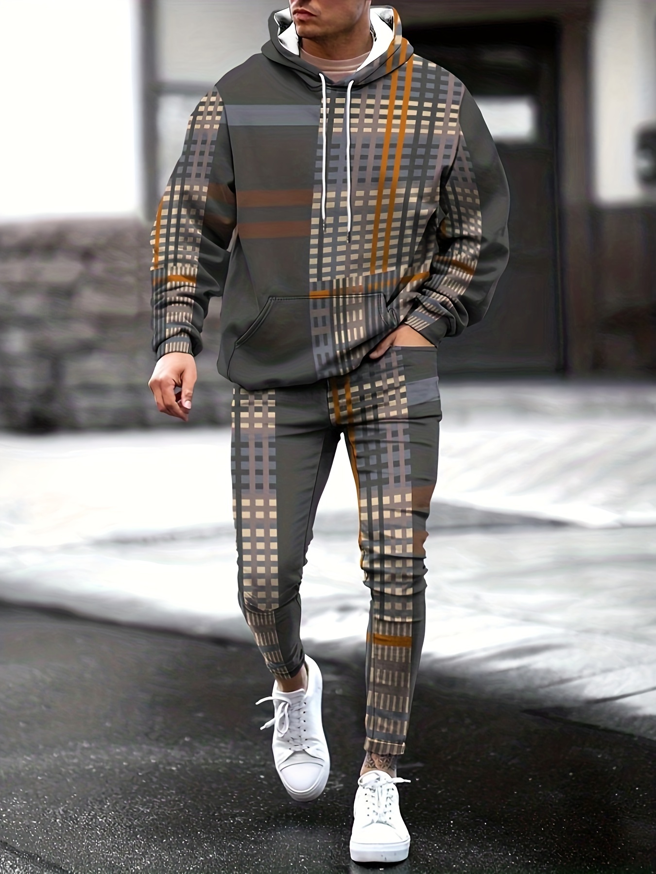 Plus Size Men's Plaid Hooded Sweatshirt & Sweatpants Set For Autumn/winter, Men's  Clothing - Temu Finland