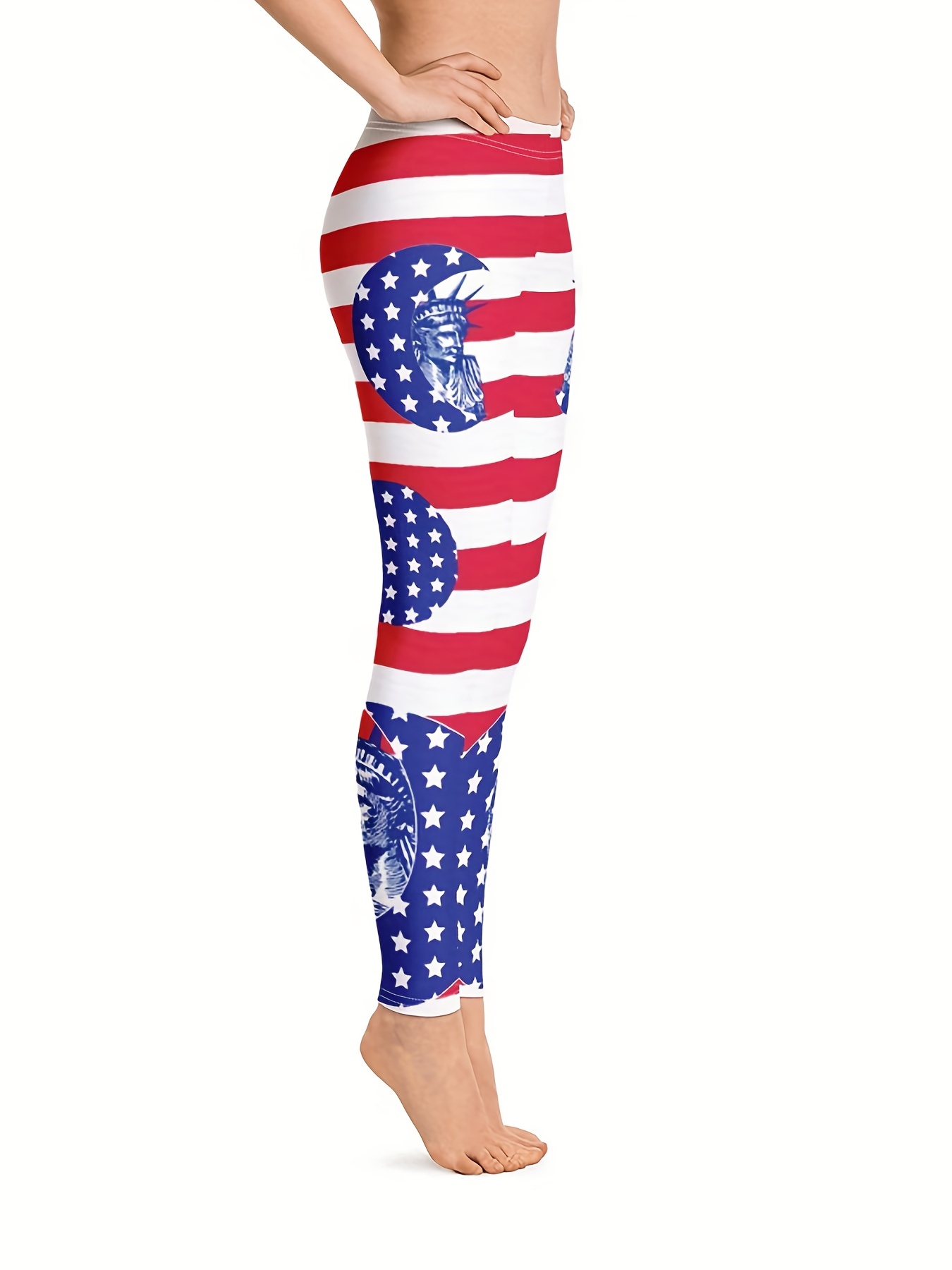 American Flag Print Skinny Leggings, Casual High Waist Stretchy Leggings,  Women's Clothing