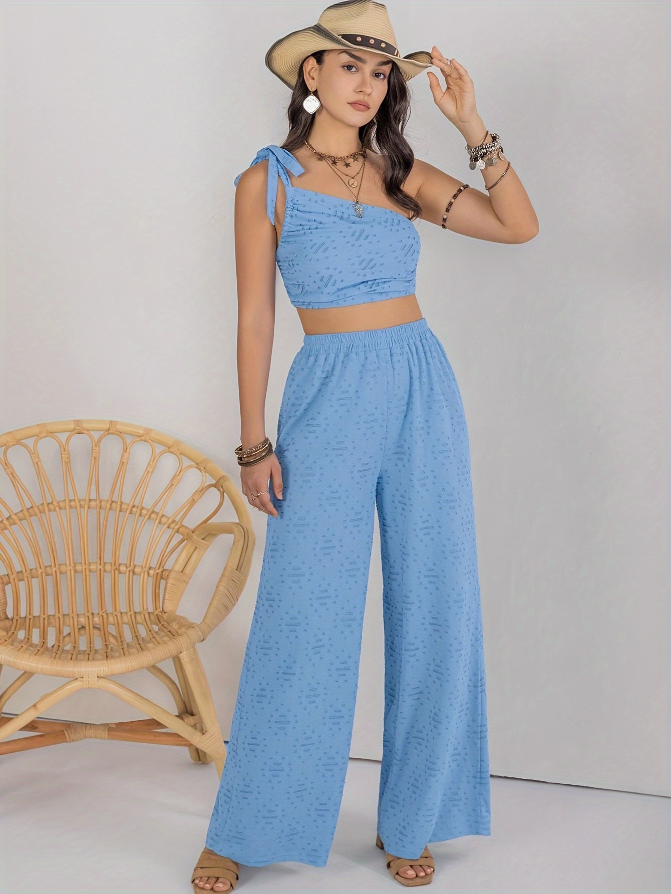 Solid Casual Two piece Set Crop Cami Top Belted Elastic - Temu