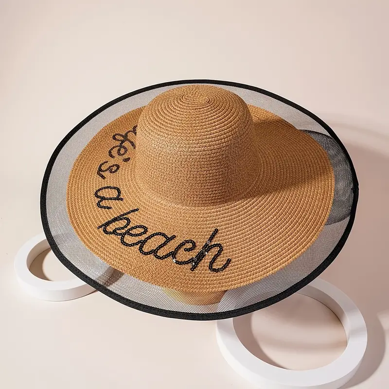 Oversized Lace Brim Sun Hat, Bucket Hats Women's Breathable Straw Hat Life's A Beach Sequin Embroidery Travel Beach Hats,Temu