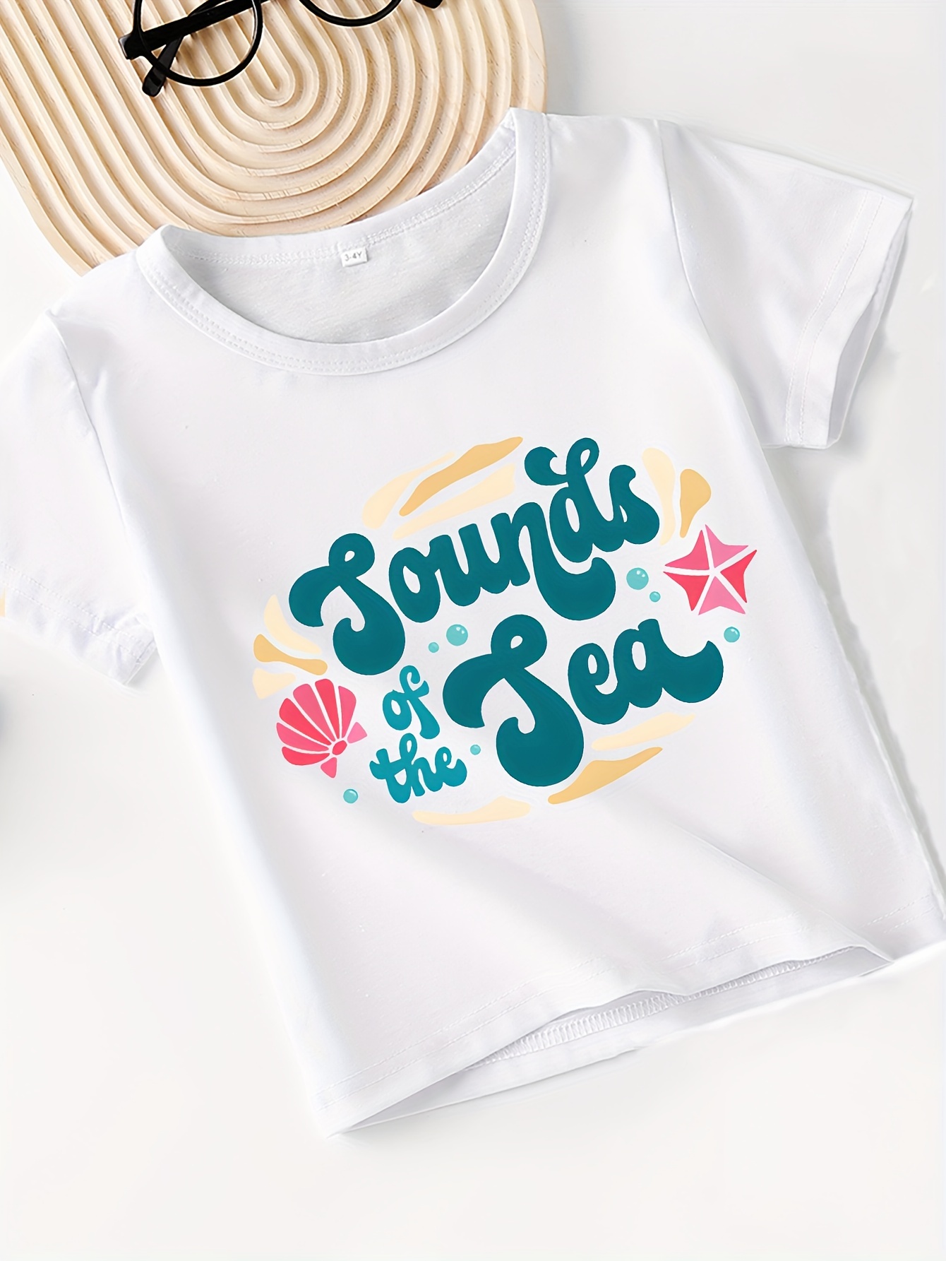 Cartoon Sea Letter Graphic T-shirt For Girls, Relaxed Fit Short