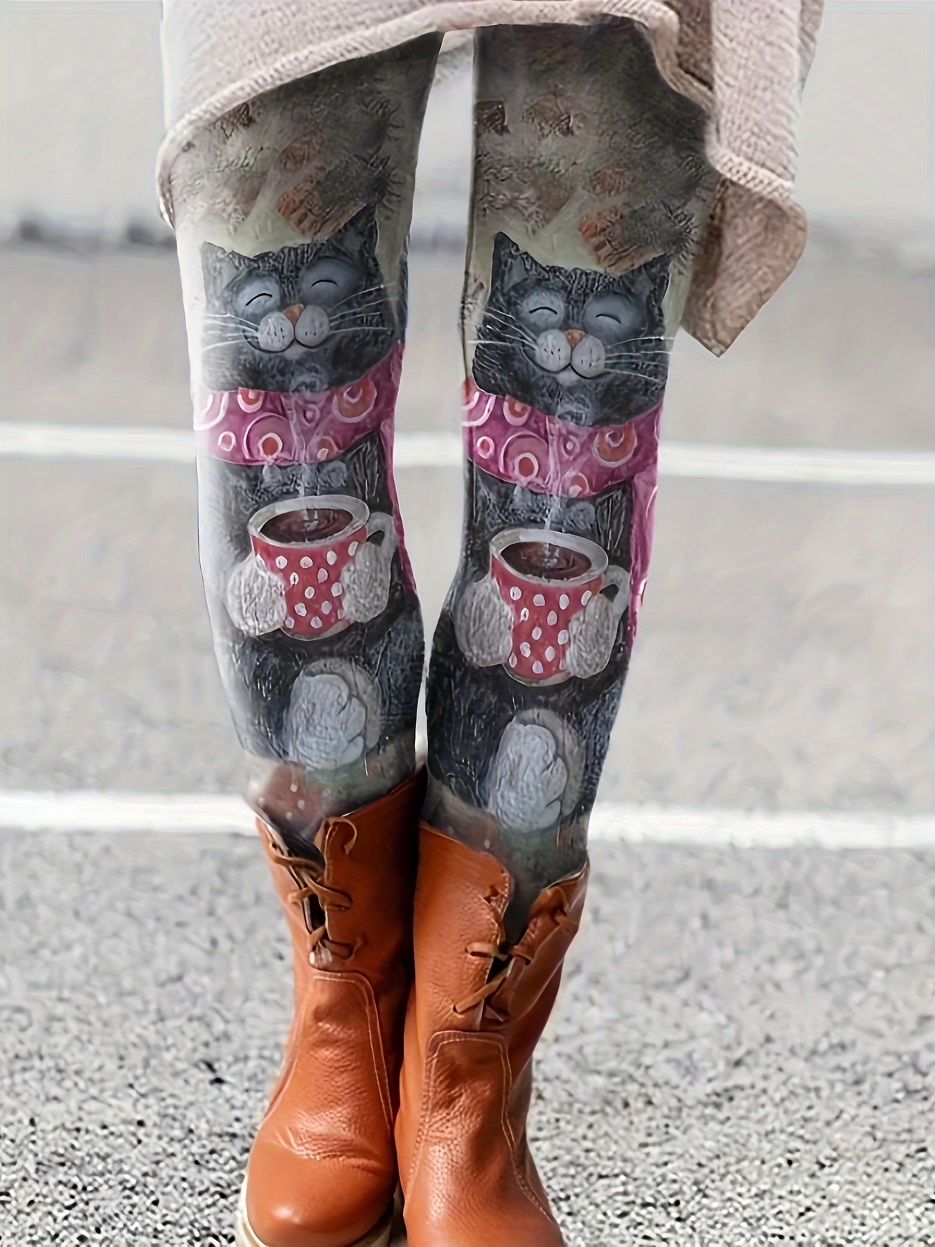 Cute Cat Print Skinny Leggings Casual Elastic Waist Stretchy - Temu South  Africa