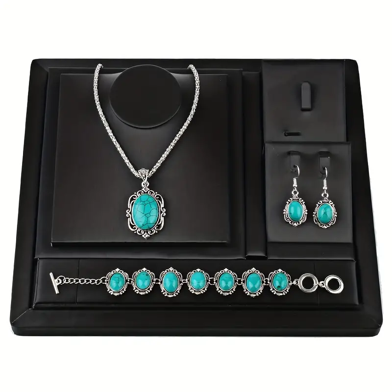 3pcs womens vintage turquoise bracelet necklace earrings set healing stone vintage alloy silvery color decoration gift details 4