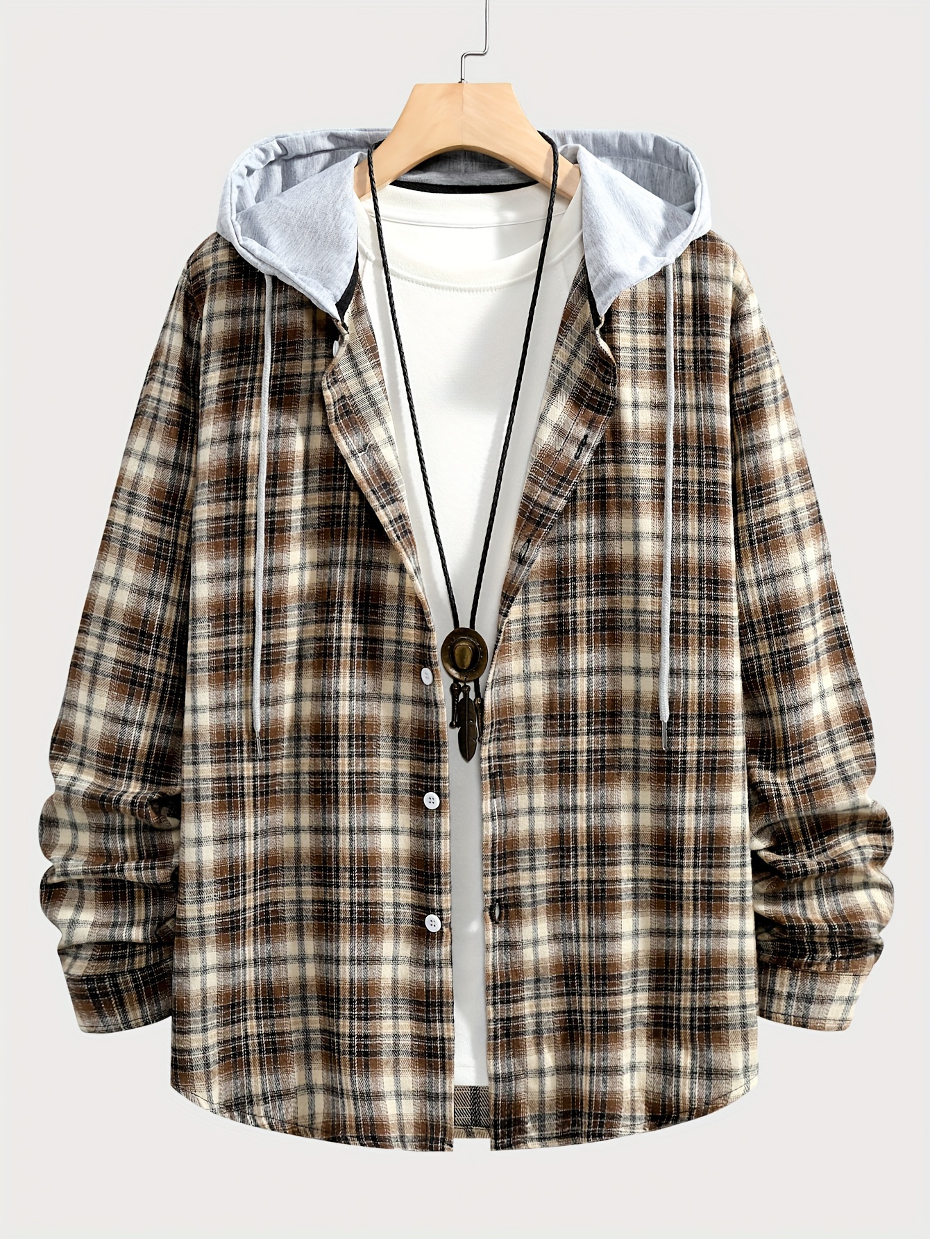 Men s Fashion Casual Check Brushed Long Sleeve Hoodie Temu