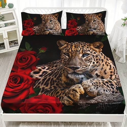 3pcs Leopard Rose Pattern Fitted Sheet Set, Soft And Comfortable Mattress Protector, Home Decor (1* Fitted Sheet + 2* Pillowcases, Without Core)