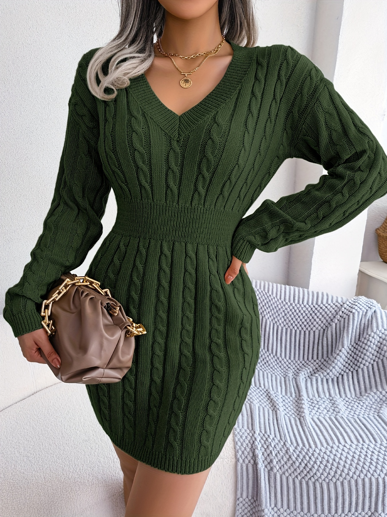 Casual Waist Cable Sweater Dress Solid V-neck Long Sleeve Fall Winter  Bodycon Knit Dresses Women's Clothing