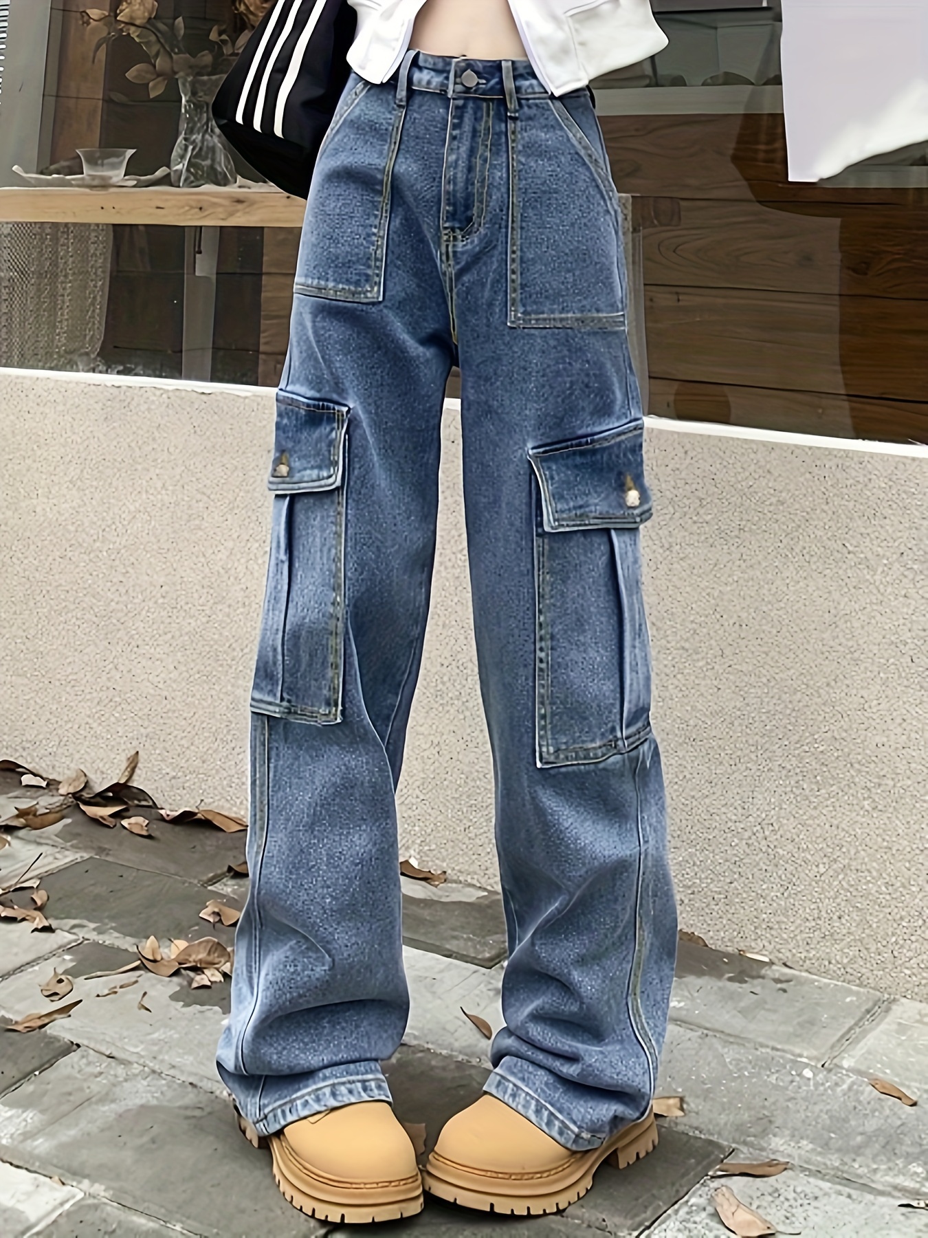 Camo Flap Pockets Cargo Pants, Elastic Waist Y2K Style Straight Jeans,  Women's Denim Jeans & Clothing